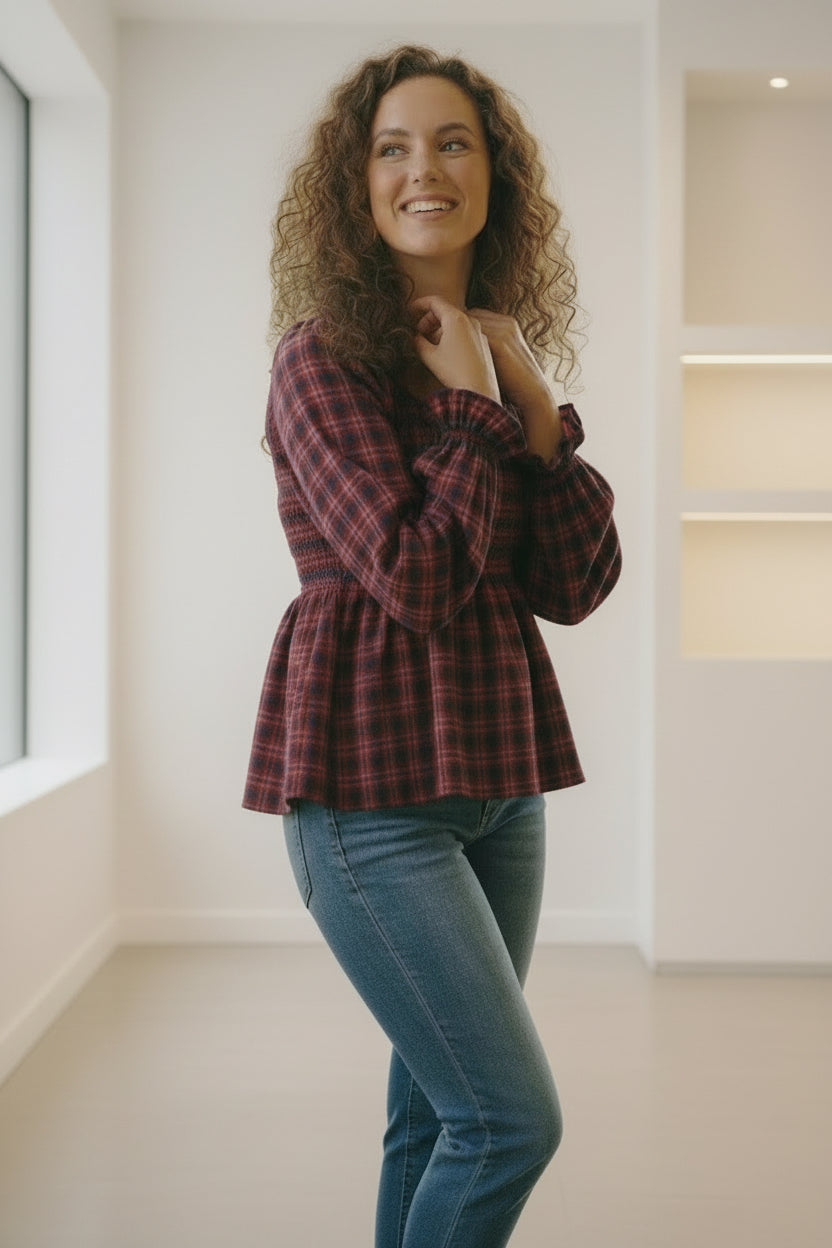 Maroon and black plaid Haptics Cranberry Smocked Peplum Top blouse