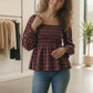 Woman in Haptics Cranberry Plaid Smocked Peplum Top