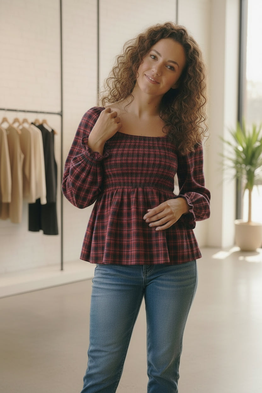 Woman in Haptics Cranberry Plaid Smocked Peplum Top