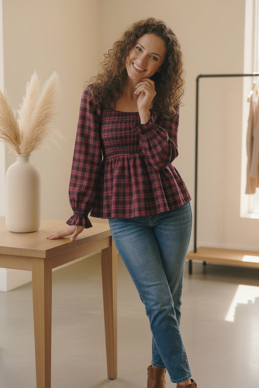Woman in Haptics Cranberry Plaid Smocked Peplum Top