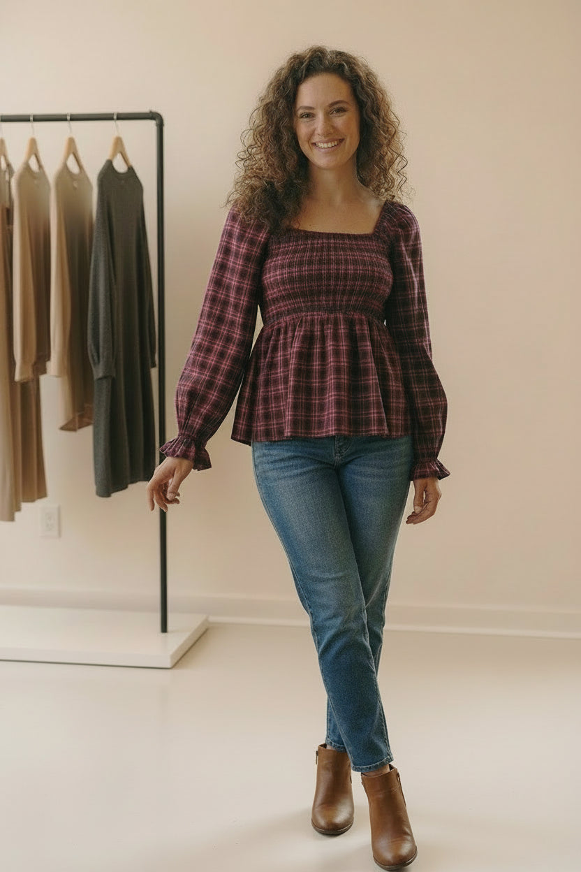 Woman in Haptics Cranberry Plaid Smocked Peplum Top