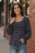 Haptics Navy Plaid Smocked Peplum Top blouse