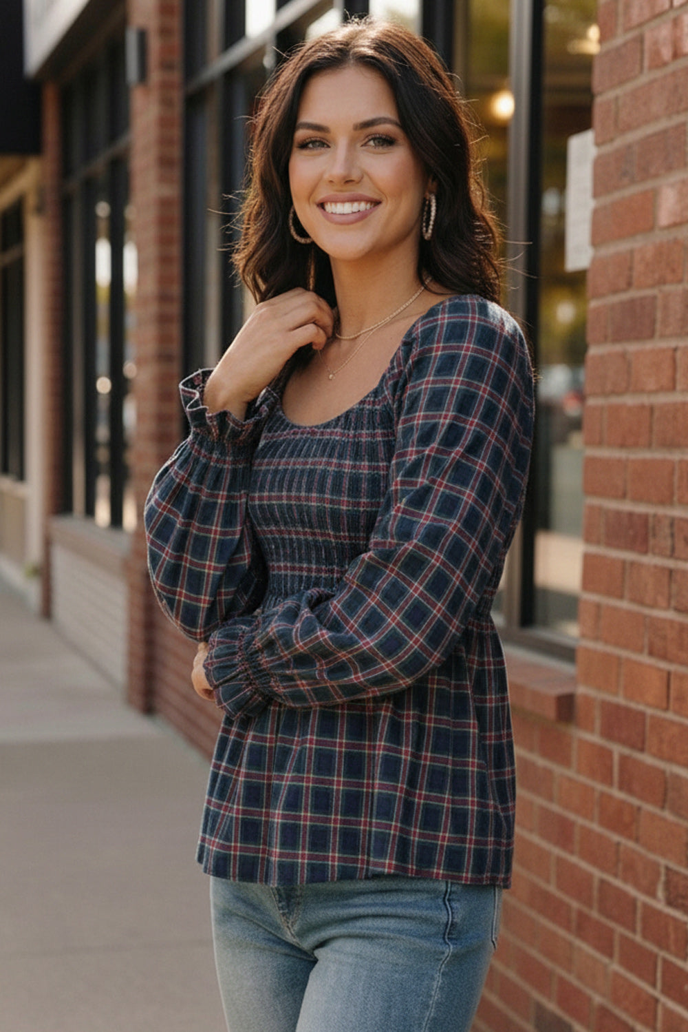 Haptics Navy Plaid Smocked Peplum Top with long sleeves