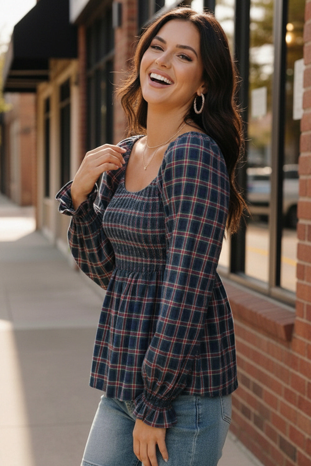 Haptics Navy Plaid Smocked Peplum Top in dark blue and red plaid
