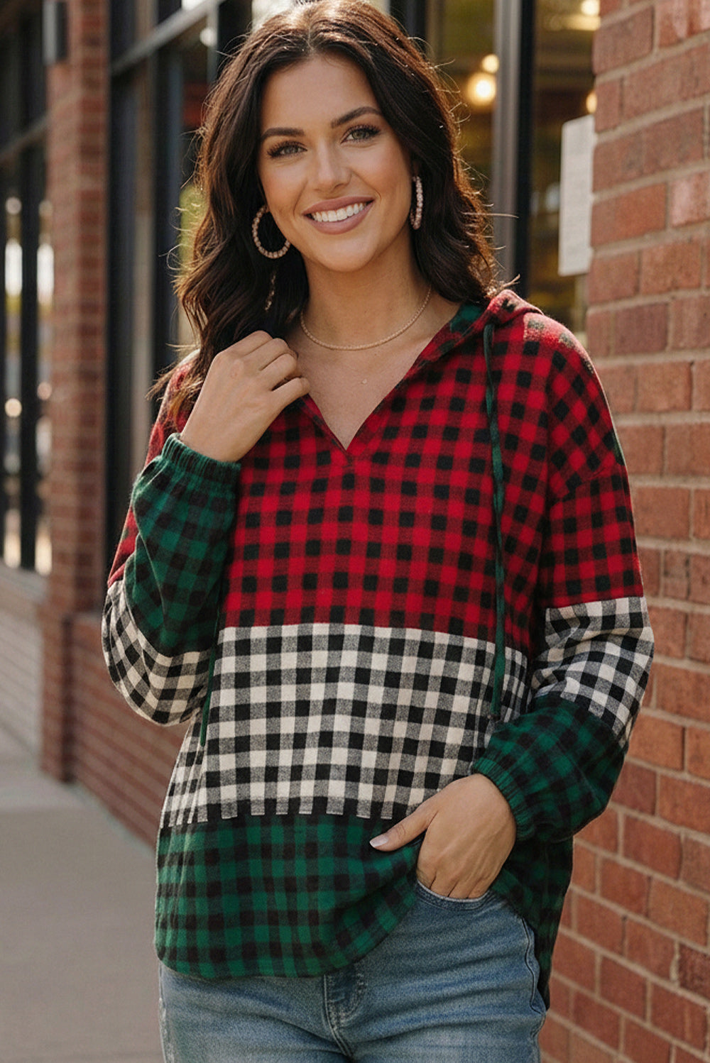 Haptics Holiday Cheer Check Hoodie in red, green, black plaid with checkered panel