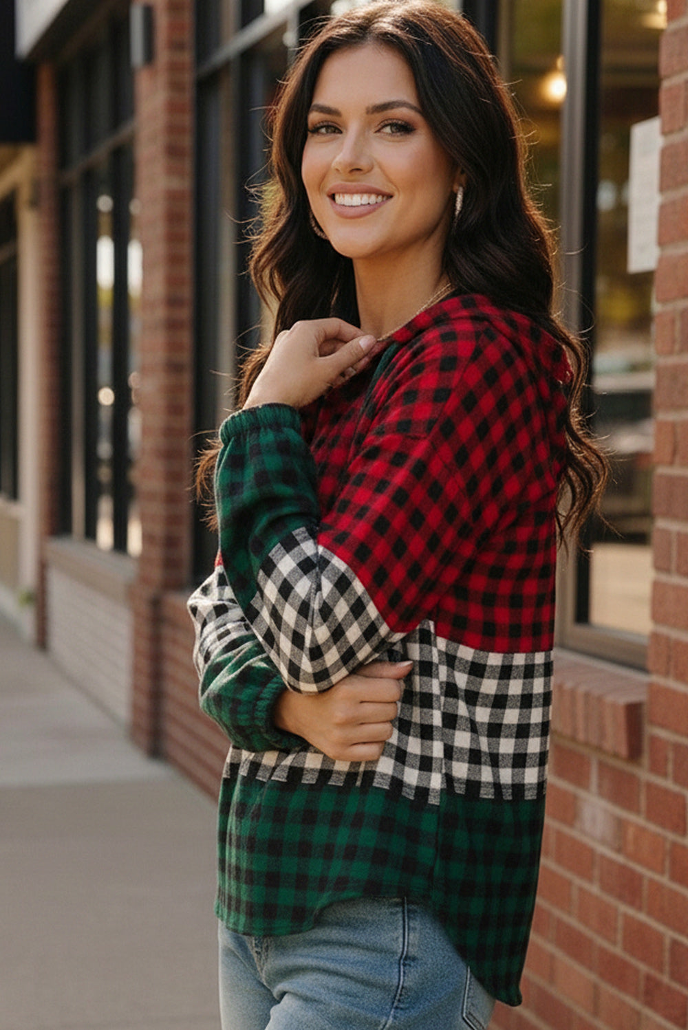 Haptics Holiday Cheer Check Hoodie: red green plaid long-sleeved top