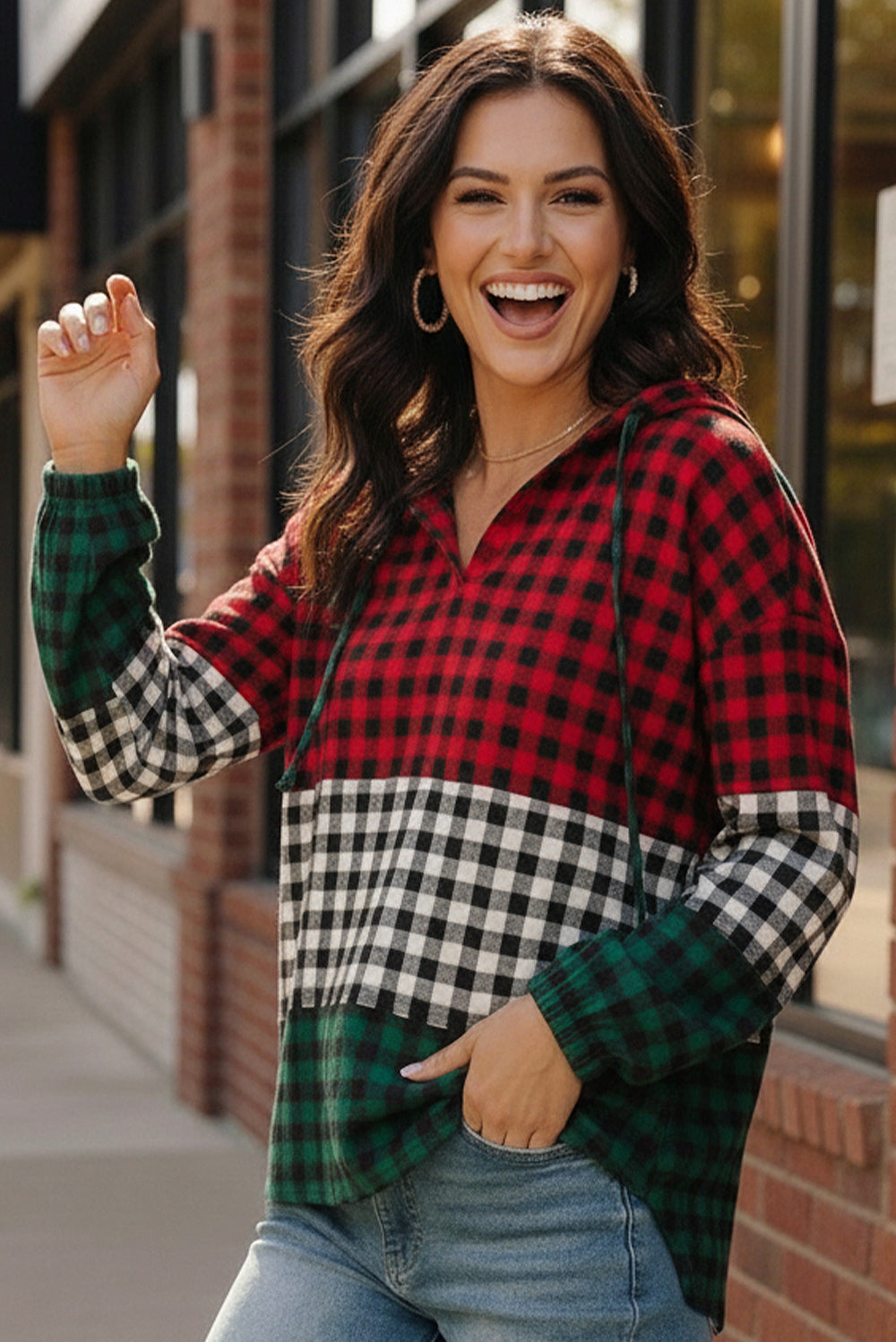 Red black white plaid Haptics Holiday Cheer Check Hoodie with checkered sleeves