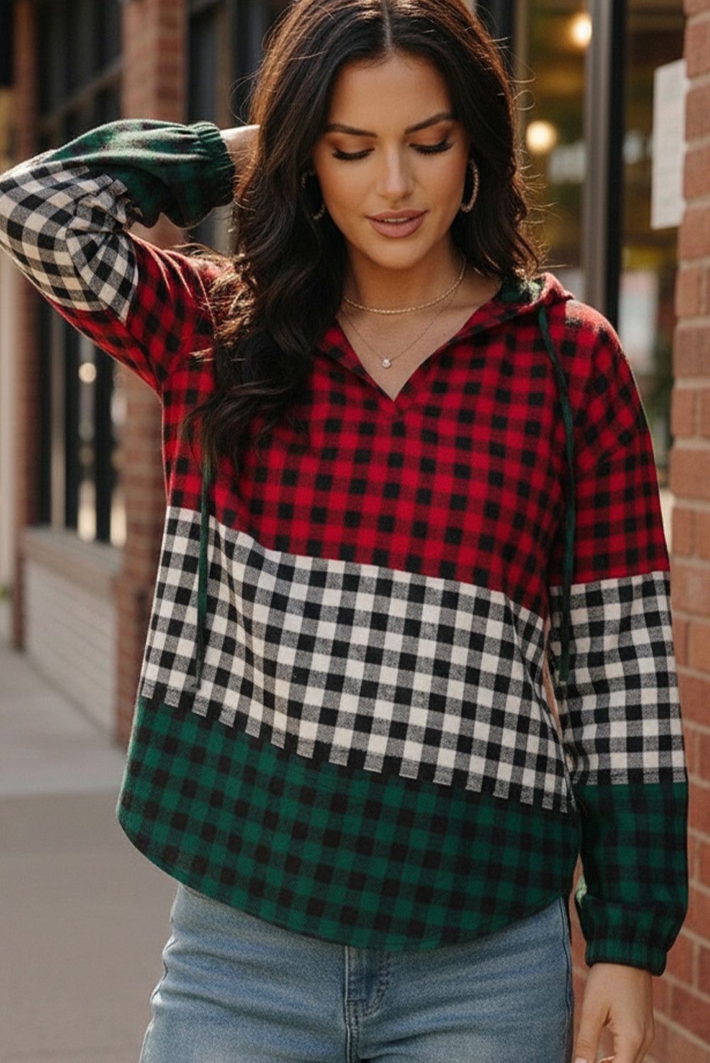 Red, black, and green plaid Haptics Holiday Cheer Check Hoodie with long sleeves