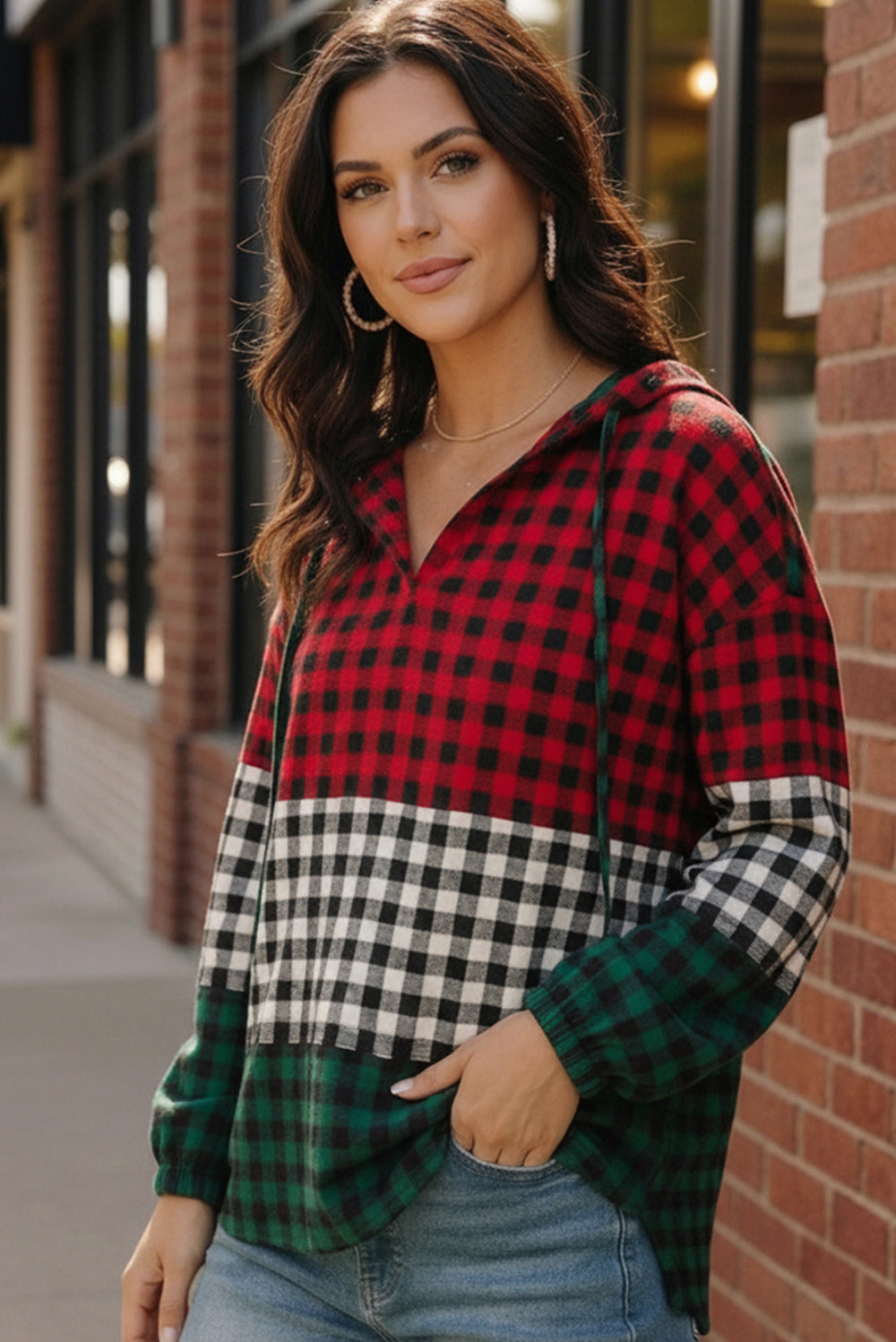 Red, black, and green plaid Haptics Holiday Cheer Check Hoodie with color blocks