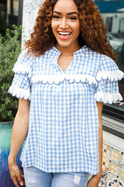 Lost In Love Cotton Blue Gingham Shirred Mock Neck Top | Daverri Fashions
