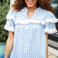 Lost In Love Cotton Blue Gingham Shirred Mock Neck Top - DAVERRI FASHIONS