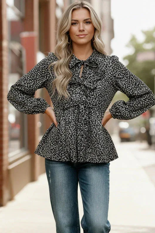 Midnight Petal Bowtie Blouse - DAVERRI FASHIONS