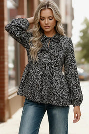 Black and white polka dot Midnight Petal Bowtie Blouse with ruffles