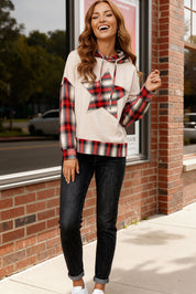 Fireside Freedom Flannel Hoodie in plaid with star design, beige and red