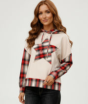 Fireside Freedom Flannel Hoodie in cream red plaid with star design