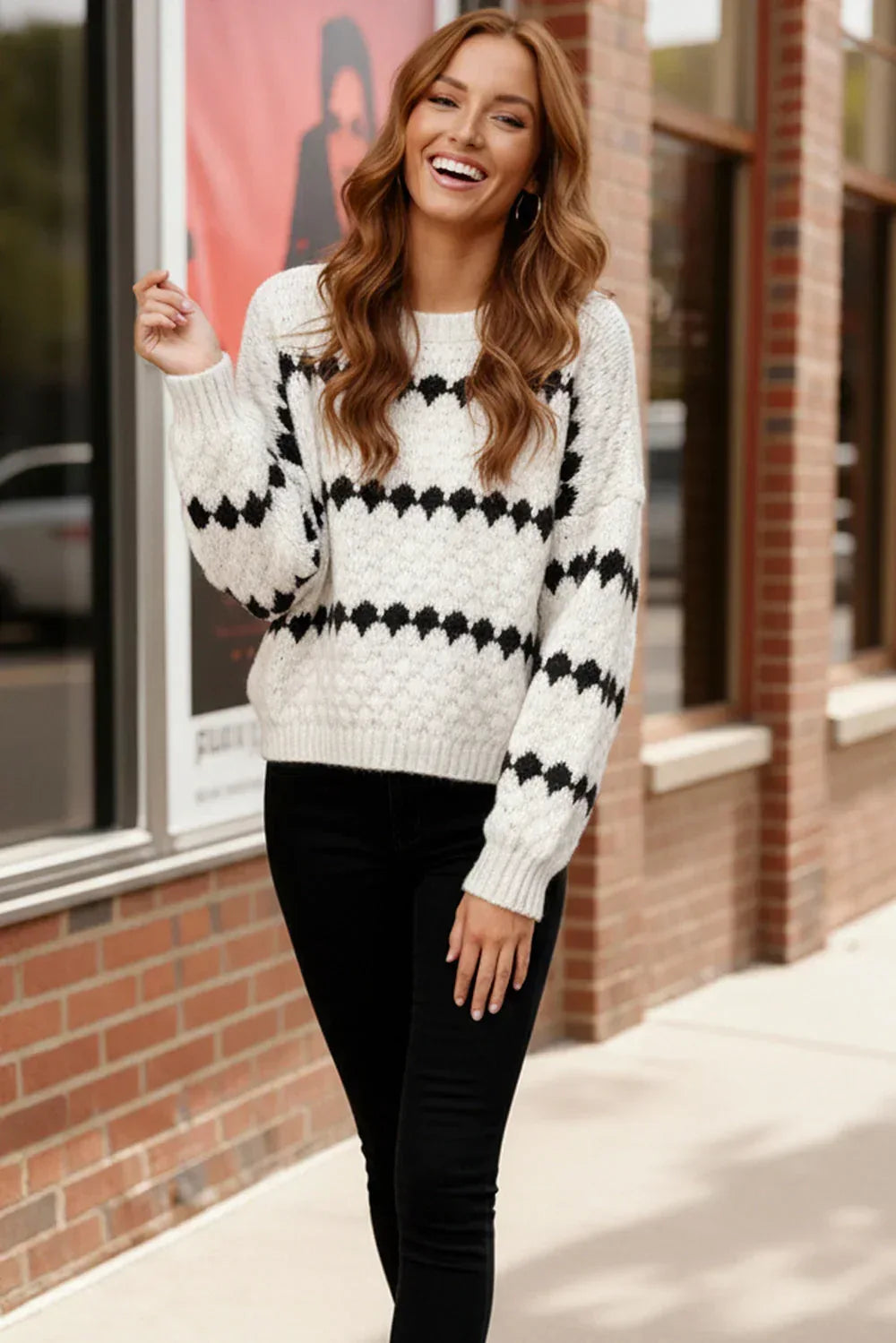 Haptics Soft Ivory Knit Diamond Striped Sweater - DAVERRI FASHIONS