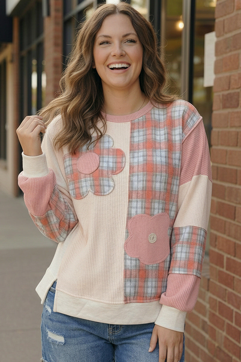 Pretty Prairie Patch Dusty Rose pink cream plaid sweater