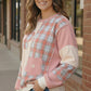 Pretty Prairie Patch Dusty Rose pink cream plaid corduroy pullover with floral patches