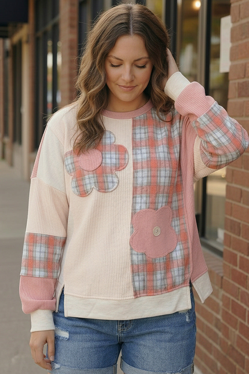 Pretty Prairie Patch Dusty Rose pullover with pink cream patchwork and floral appliques