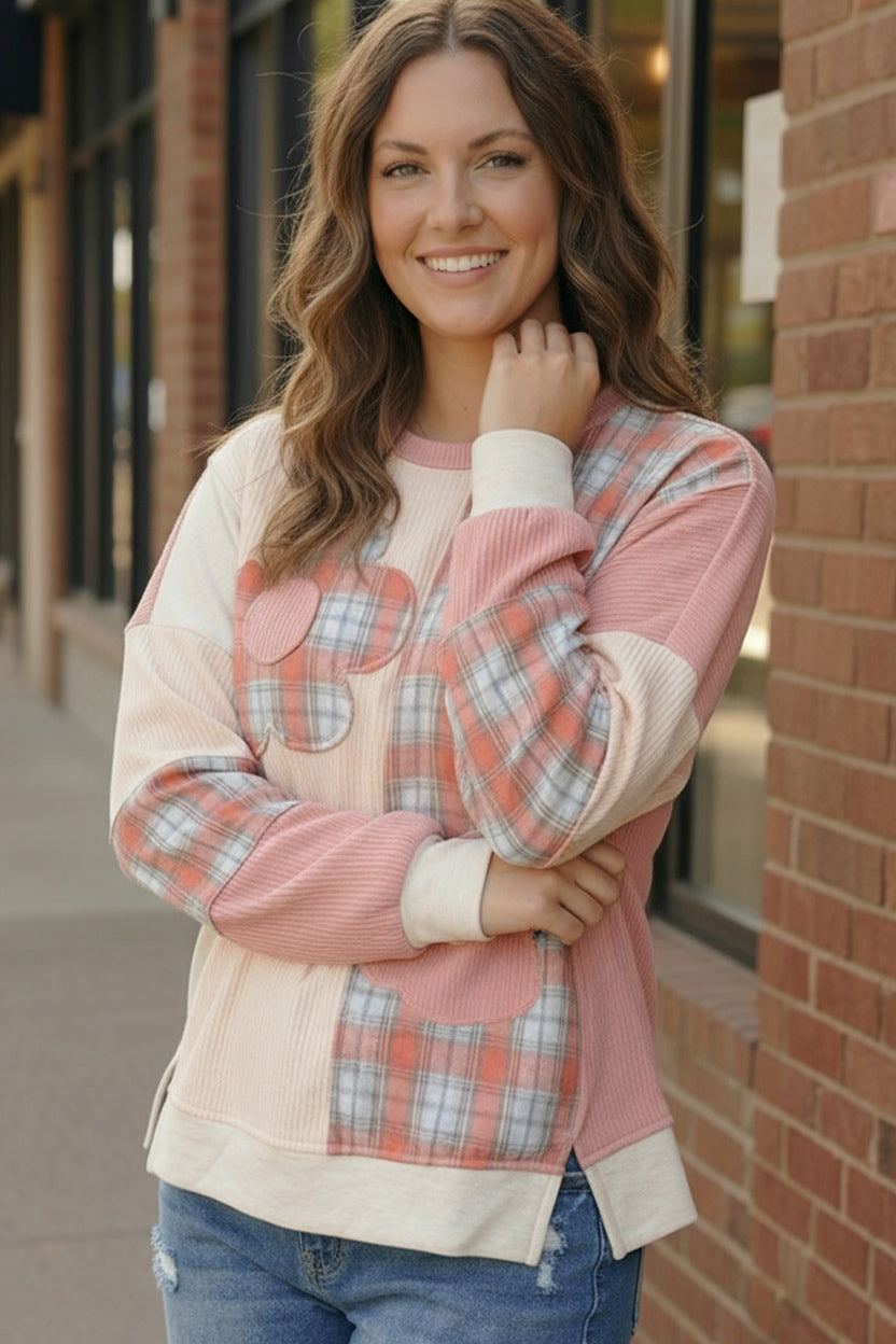 Pretty Prairie Patch Dusty Rose plaid corduroy pullover