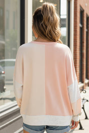 Soft pastel pink and white Sunday Peach Patchwork knit sweater