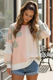 Pastel pink and white patchwork Sunday Peach Top with plaid accents
