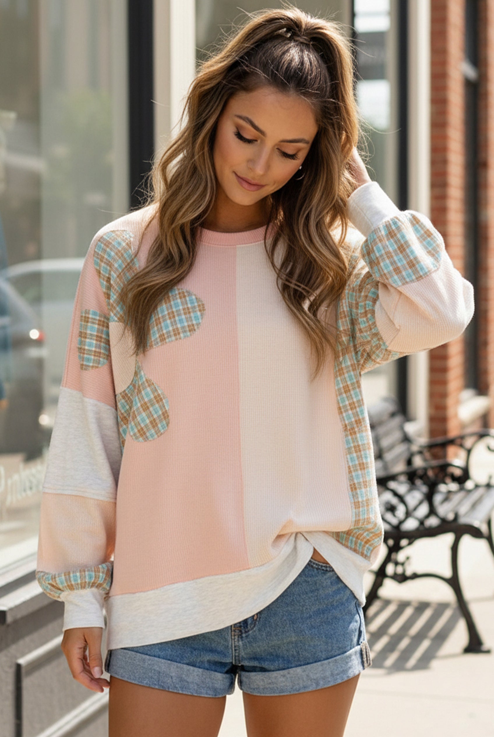 Pastel pink and white patchwork Sunday Peach Top with plaid accents