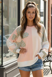 Sunday Peach Patchwork Top in pastel pink and white with plaid accents