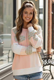 Pastel pink and white patchwork sweatshirt with plaid heart accents