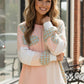 Pastel pink and white patchwork sweatshirt with plaid heart accents