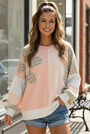 Sunday Peach Patchwork Top in pastel pink and cream with plaid accents
