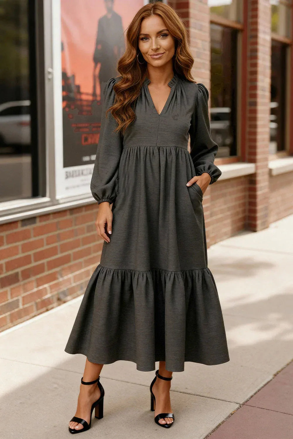 Haptics Charcoal Grey Long Sleeve Tiered Maxi Dress - DAVERRI FASHIONS