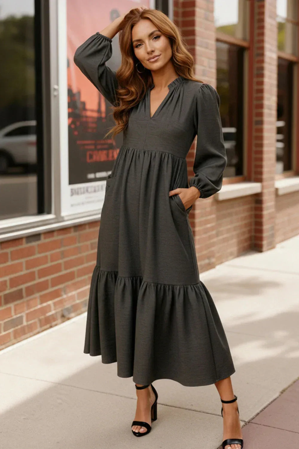 Haptics Charcoal Grey Long Sleeve Tiered Maxi Dress - DAVERRI FASHIONS