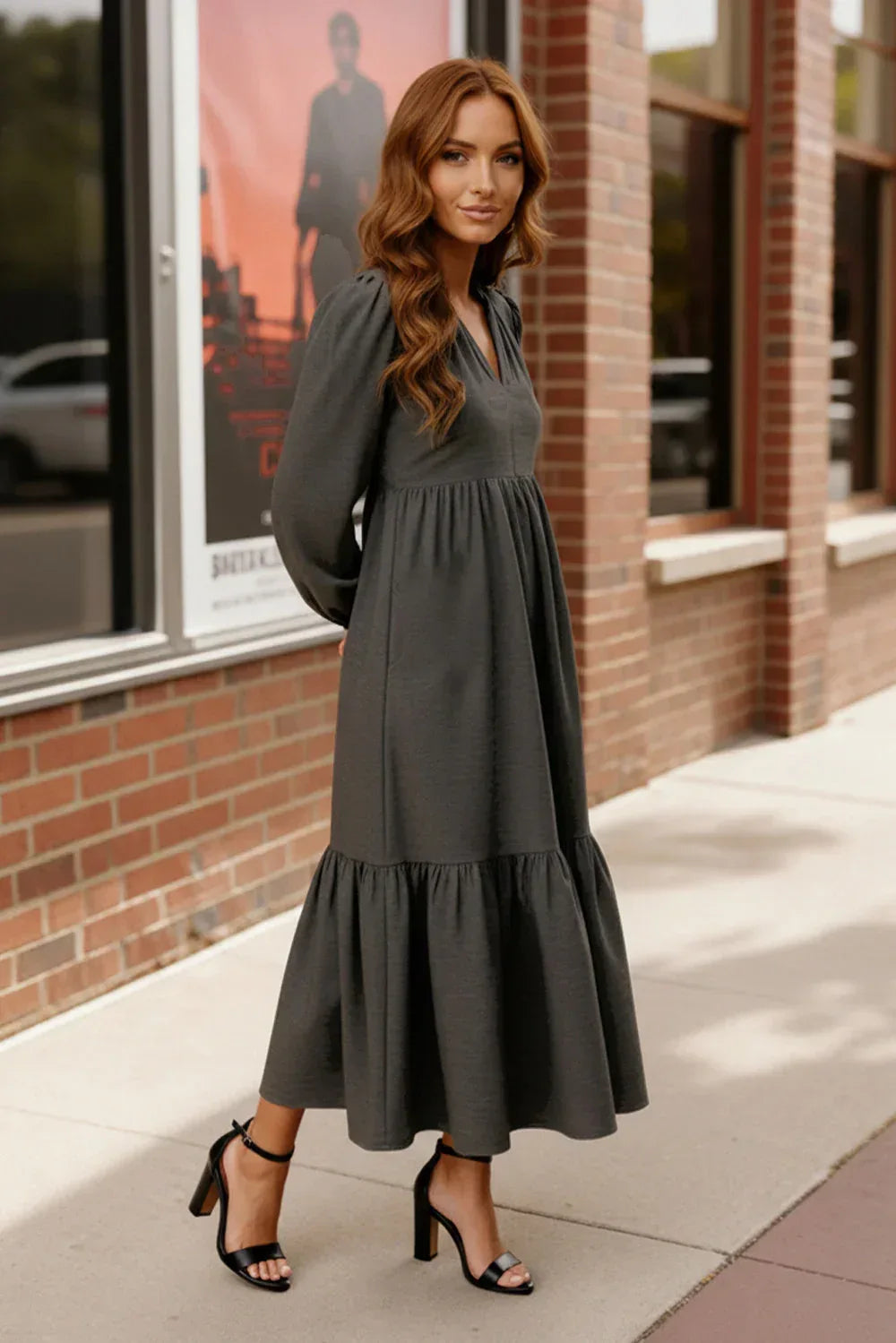 Haptics Charcoal Grey Long Sleeve Tiered Maxi Dress - DAVERRI FASHIONS
