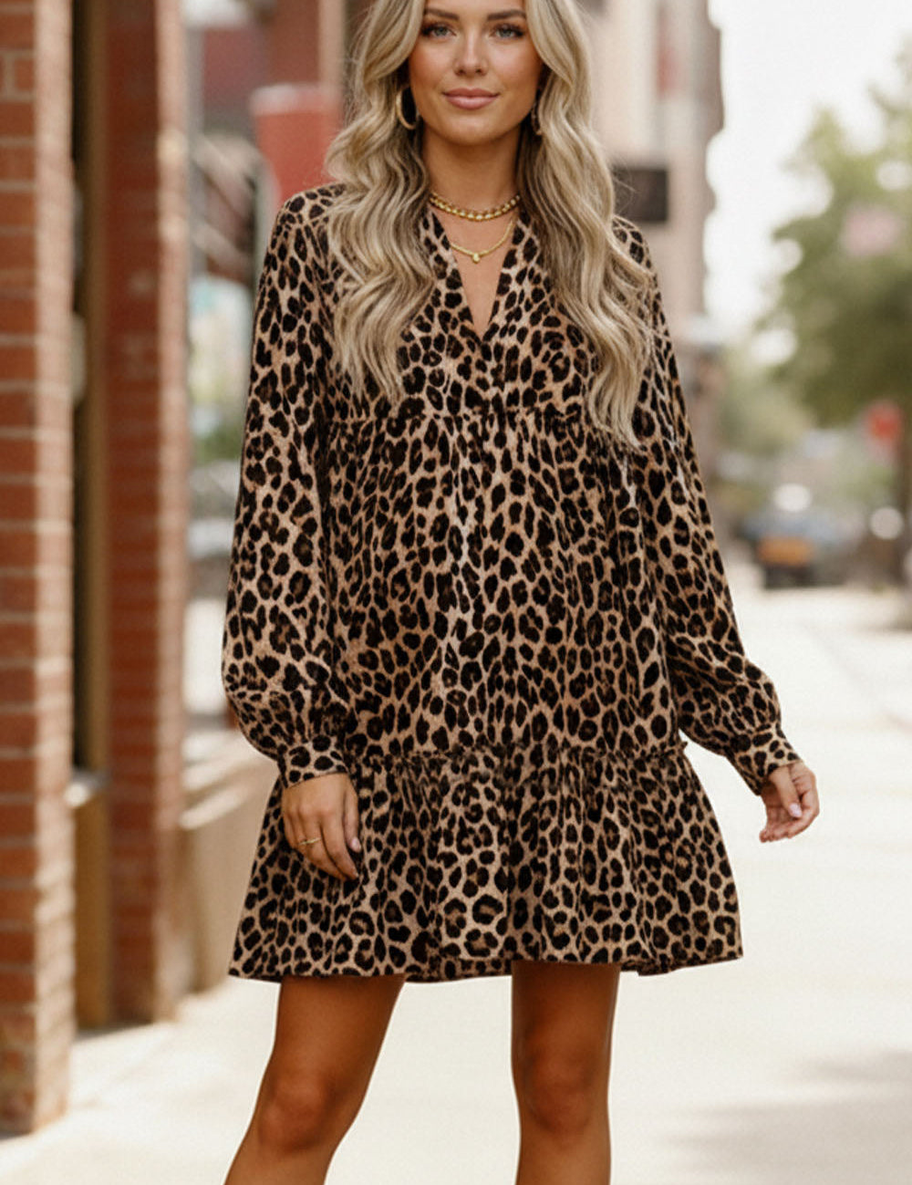 Haptics Loose-Fit Long Sleeve Leopard Print Mini Dress | Mini Dresses Daverri Fashions