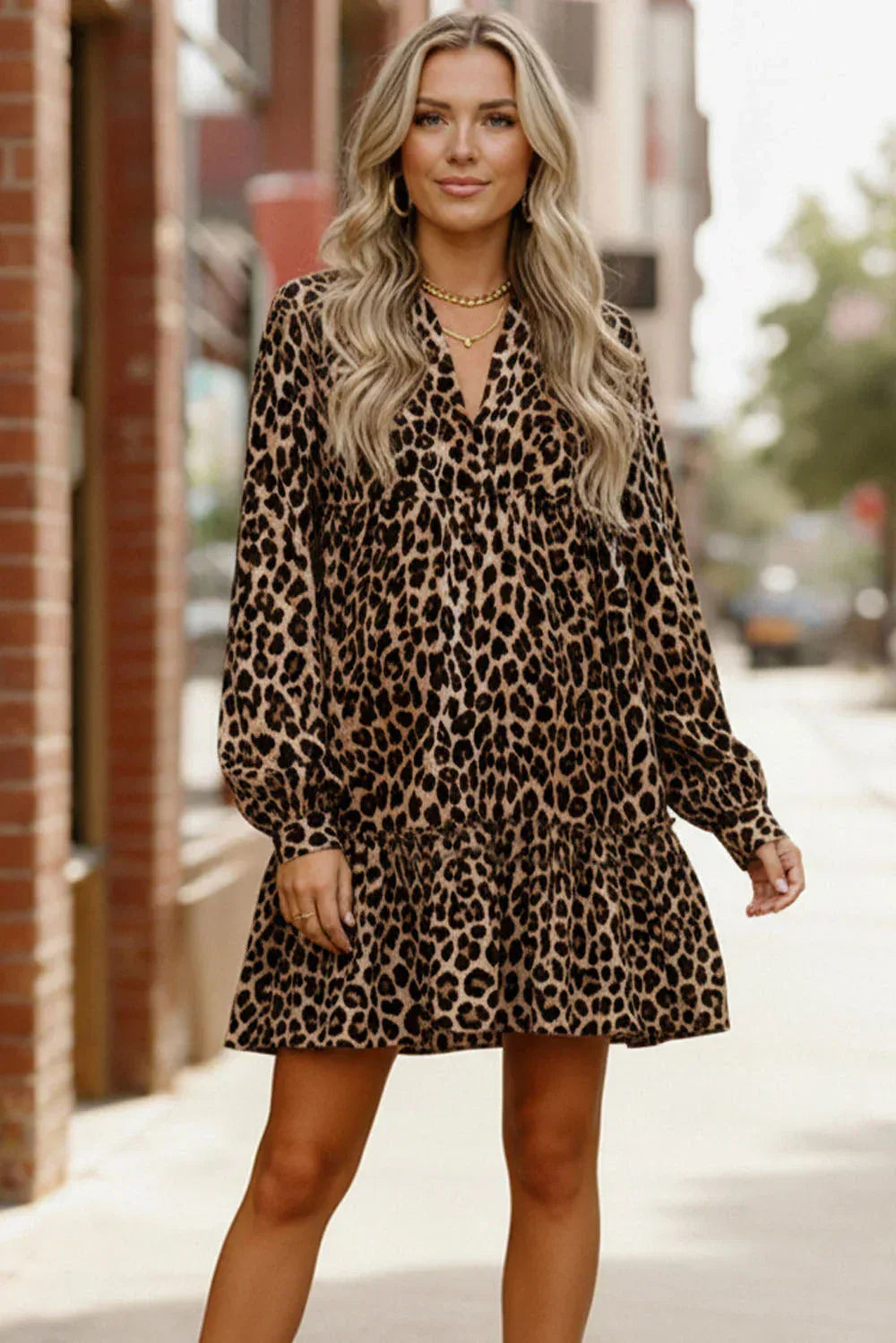 Haptics Loose-Fit Long Sleeve Leopard Print Mini Dress - DAVERRI FASHIONS