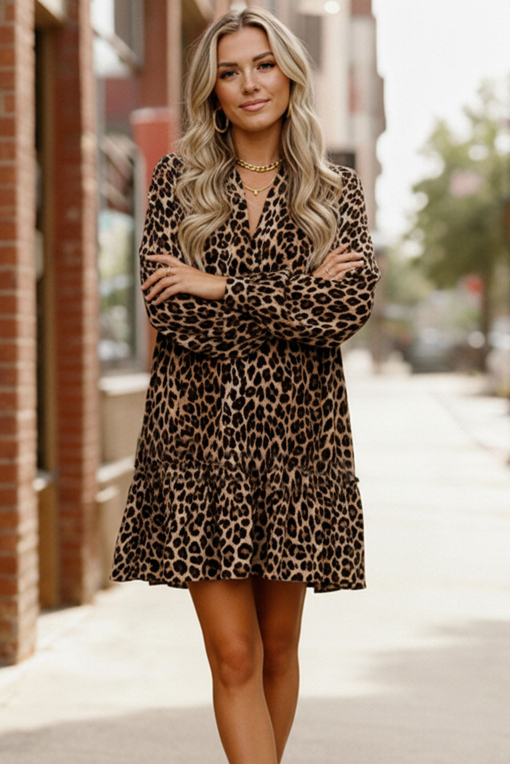 Haptics Loose-Fit Long Sleeve Leopard Print Mini Dress | Mini Dresses Daverri Fashions