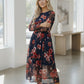 Haptics Floral Print Mesh Midi Dress in navy blue with red pink blossoms
