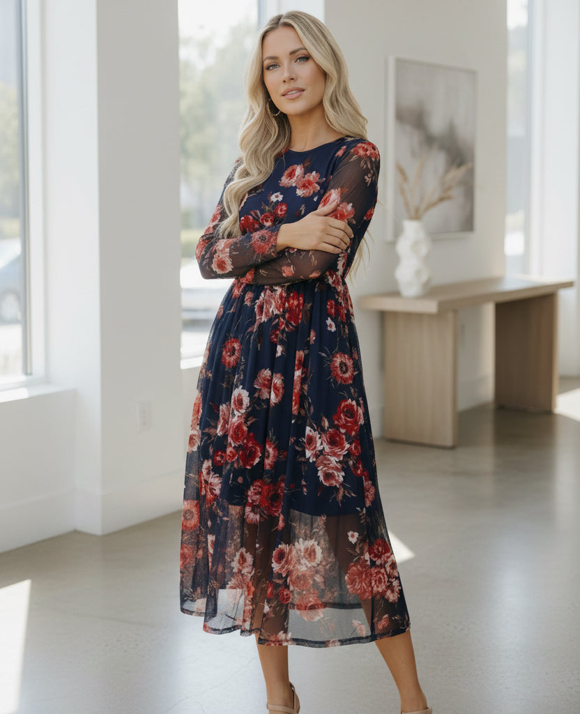 Haptics Floral Print Mesh Midi Dress in navy blue with red pink blossoms
