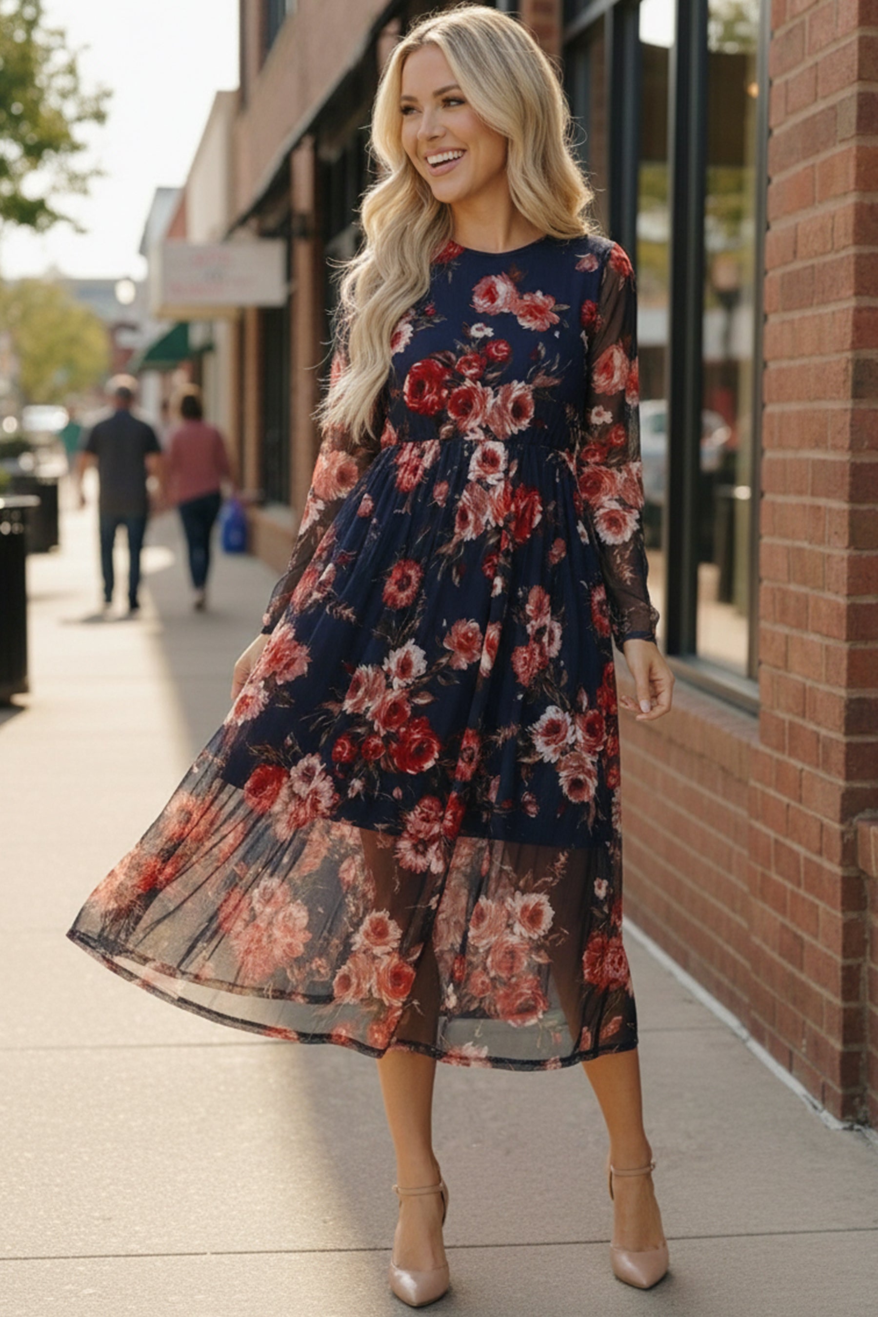 Haptics Floral Print Mesh Midi Dress in navy blue chiffon with red pink roses