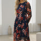 Haptics Floral Print Mesh Midi Dress in navy blue with red pink blossoms