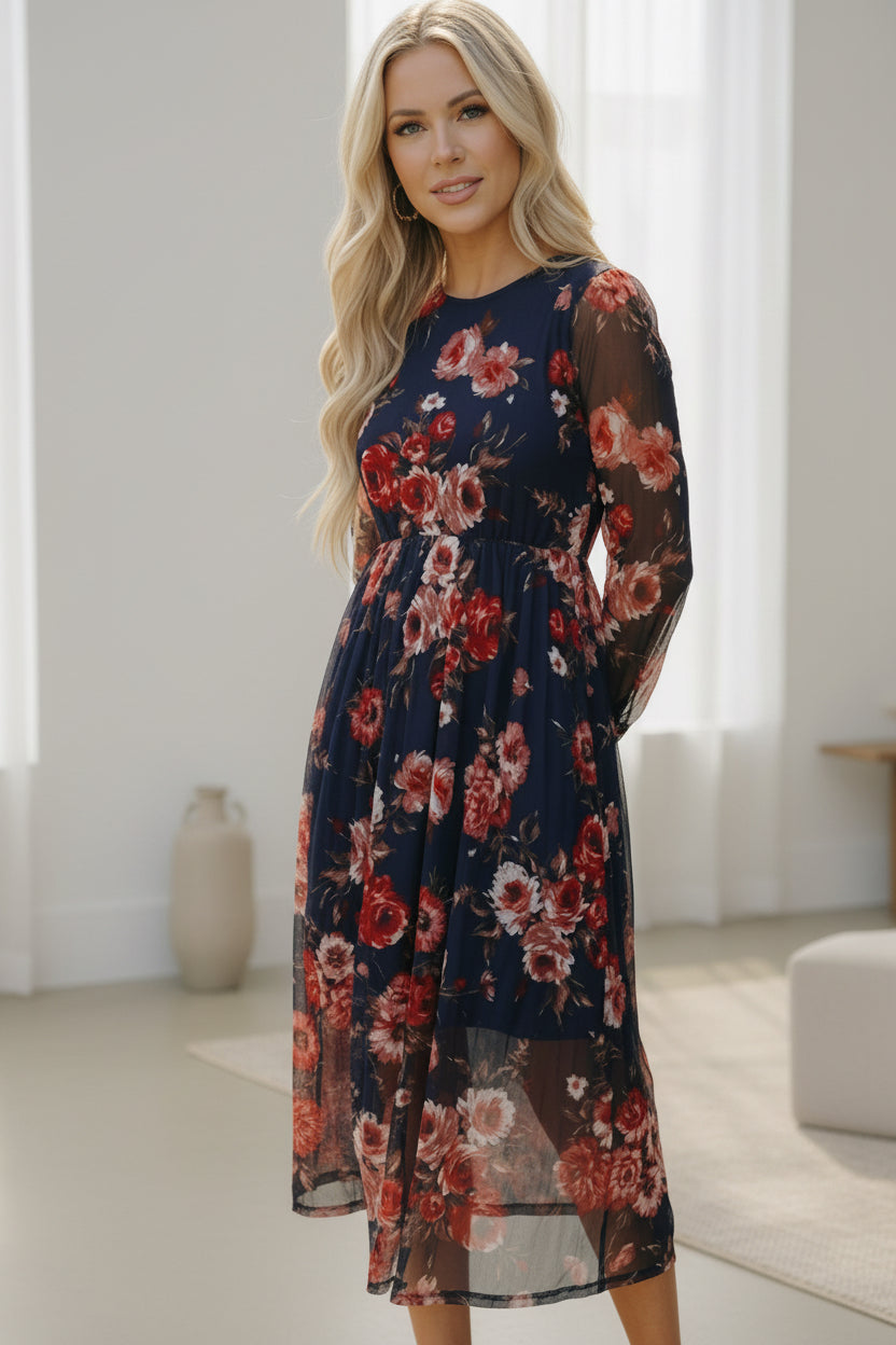 Haptics Floral Print Mesh Midi Dress in navy blue with red pink blossoms