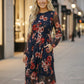 Haptics Floral Print Mesh Midi Dress in navy blue with red pink blossoms