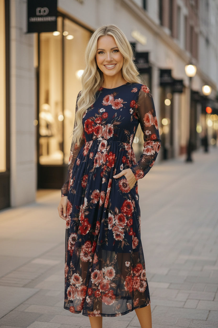 Haptics Floral Print Mesh Midi Dress in navy blue with red pink blossoms