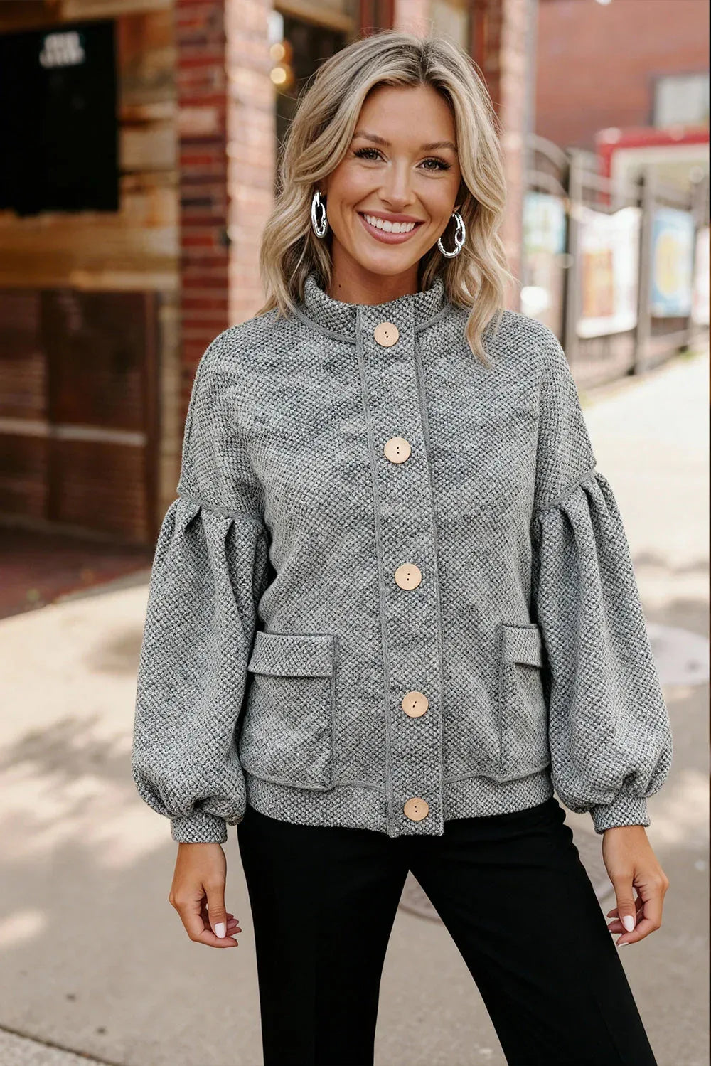 Haptics Two-Tone Heather Grey Button Jacket - DAVERRI FASHIONS