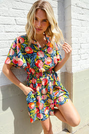 Sunny Days Floral Print Smocked Waist Back Neck Button Romper | Daverri Fashions