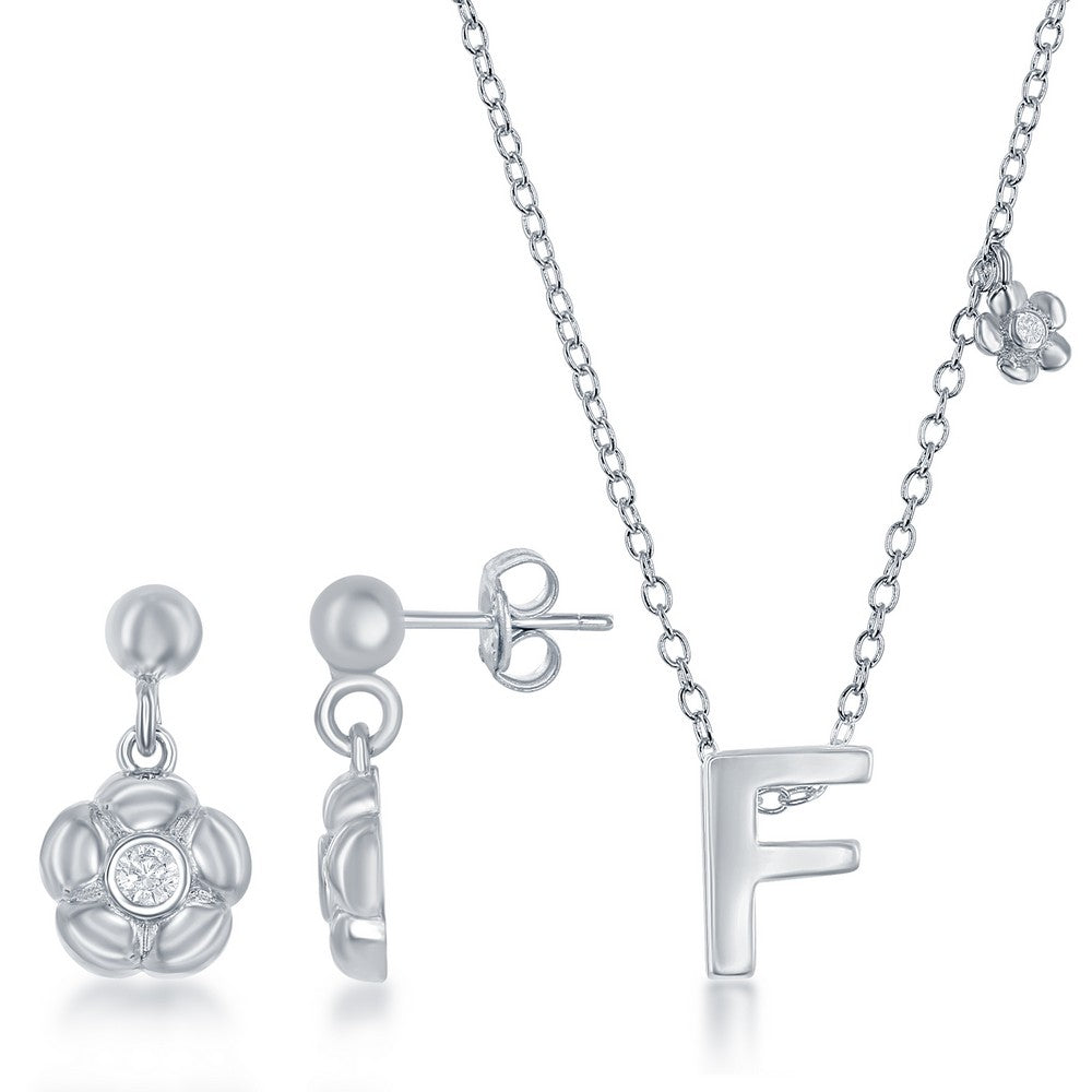 Sterling Silver Shiny "F" with Tiny CZ Flower Necklace and Earrings Set Sets