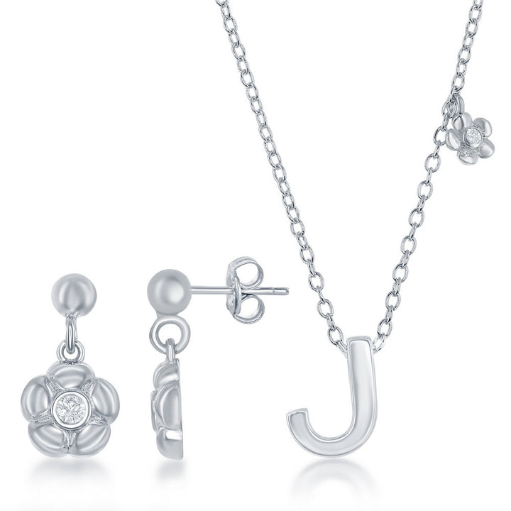 Sterling Silver Shiny "J" with Tiny CZ Flower Necklace and Earrings Set Sets