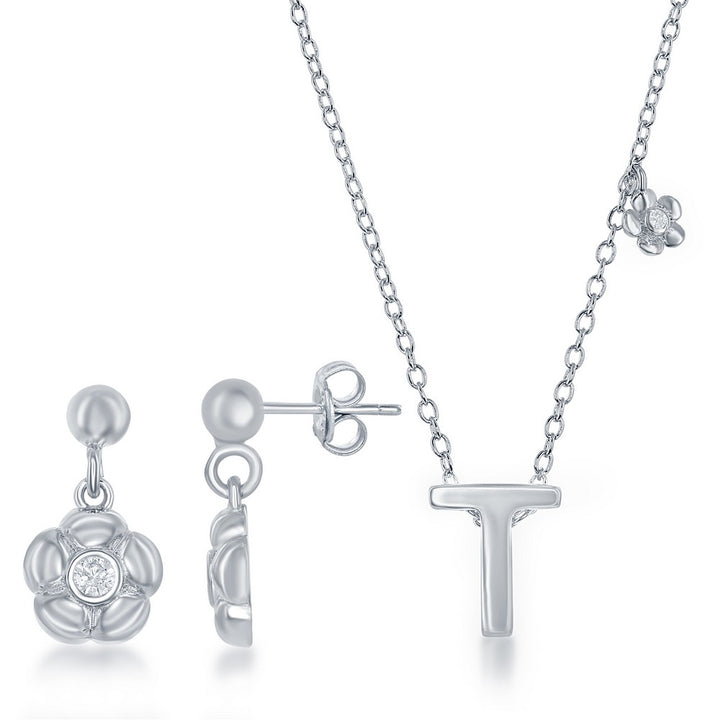 Sterling Silver Shiny "T" with Tiny CZ Flower Necklace and Earrings Set Sets