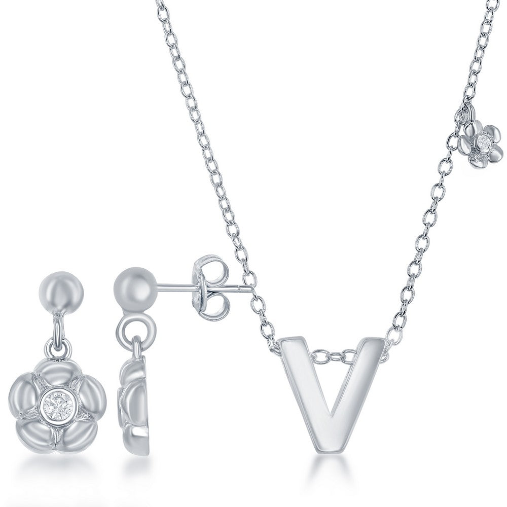 Sterling Silver Shiny "V" with Tiny CZ Flower Necklace and Earrings Set Sets